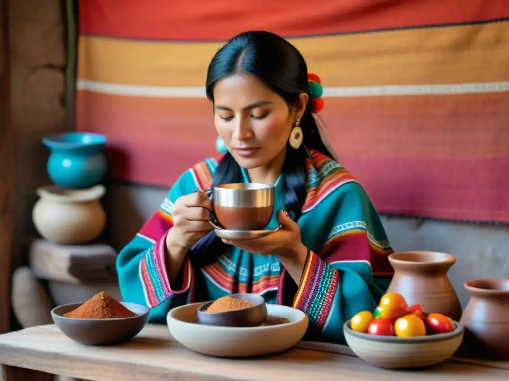 Una mujer peruana prepara chocolate caliente en la sierra peruana