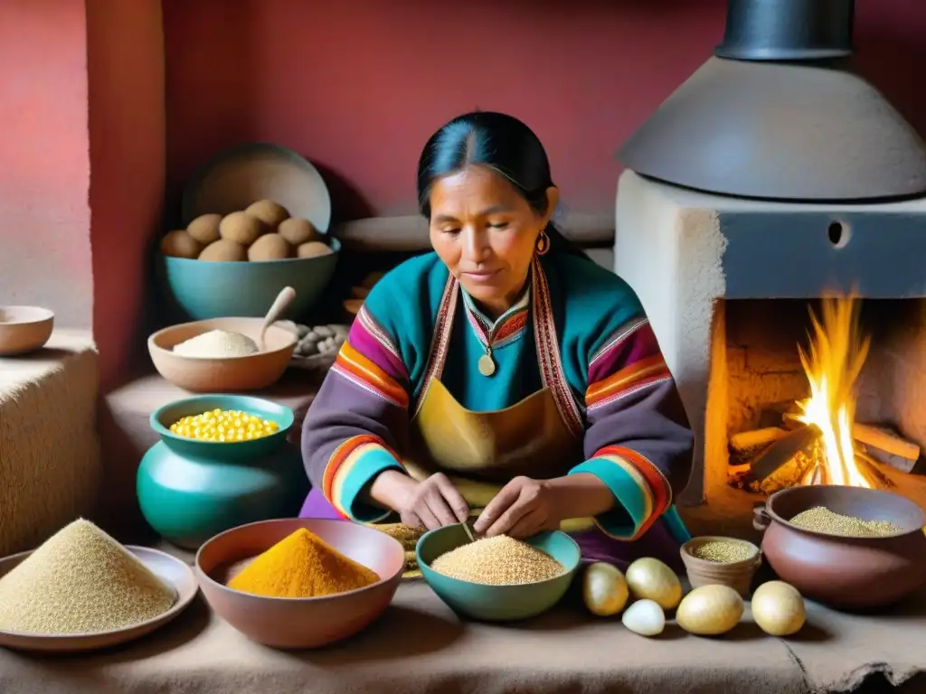 Una mujer peruana en la cocina andina, preparando ingredientes autóctonos con destreza, resaltando la diversidad gastronómica de la región