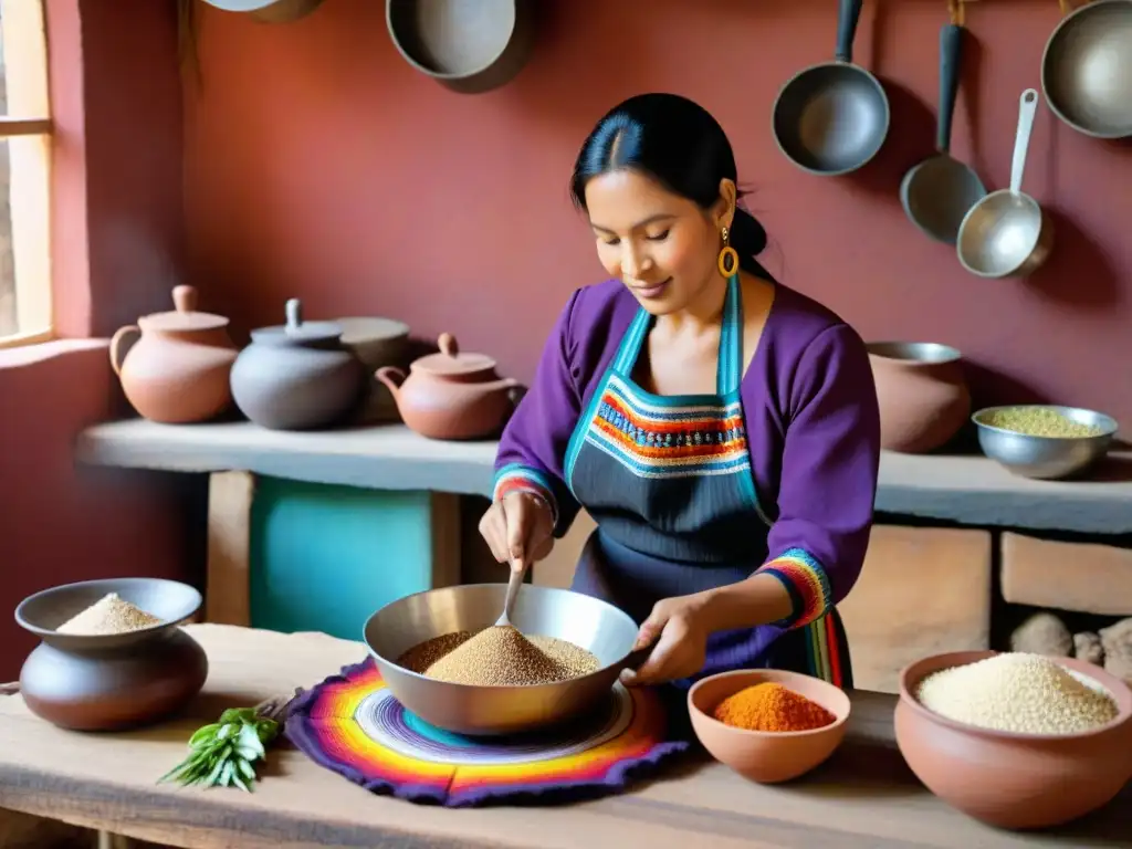 Una mujer peruana cocina con ingredientes autóctonos en cocina rústica