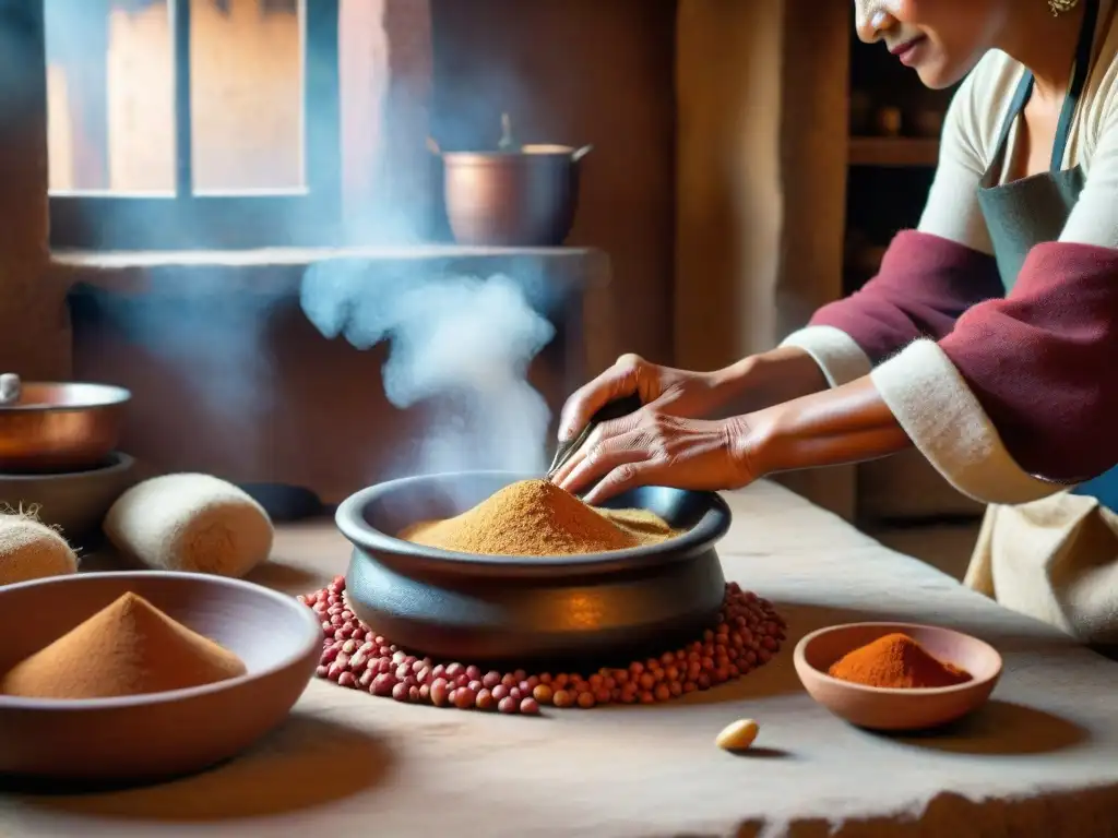 Una mujer peruana preparando Frejol Colado en una cocina rústica, evocando recetas dulces tradicionales peruanas