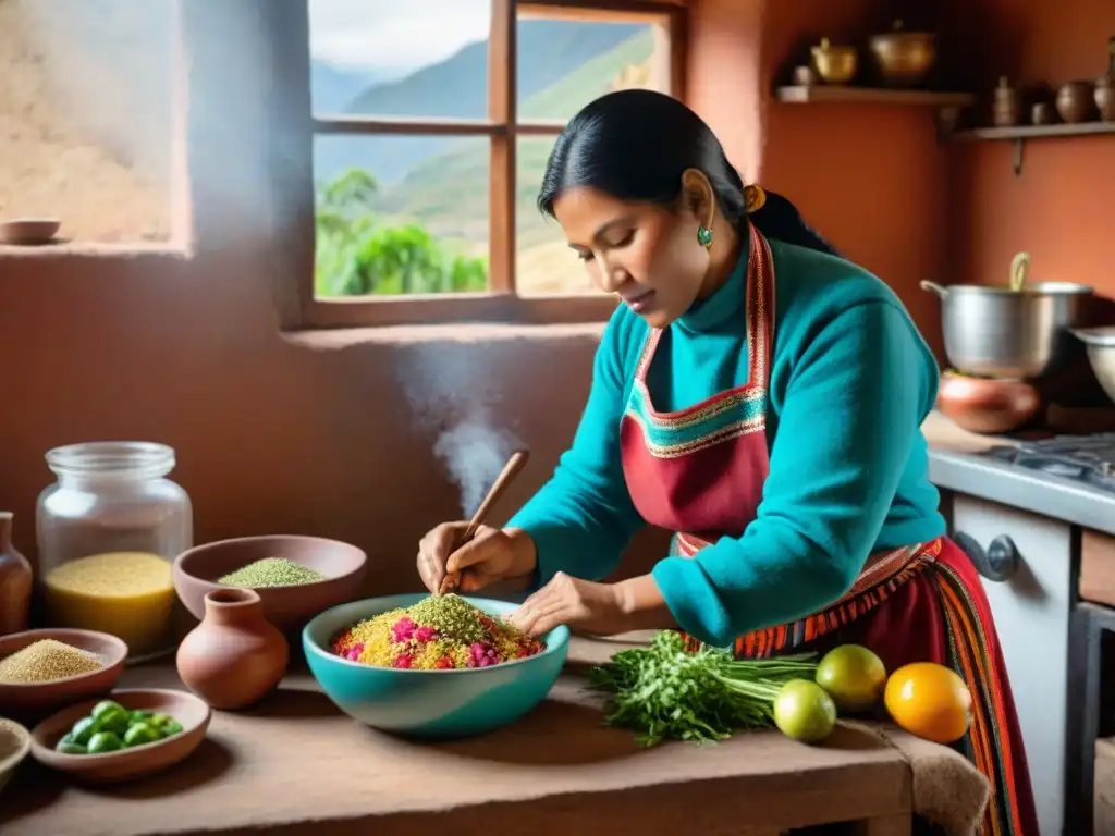 Una mujer peruana prepara una colorida ensalada de quinua en los Andes