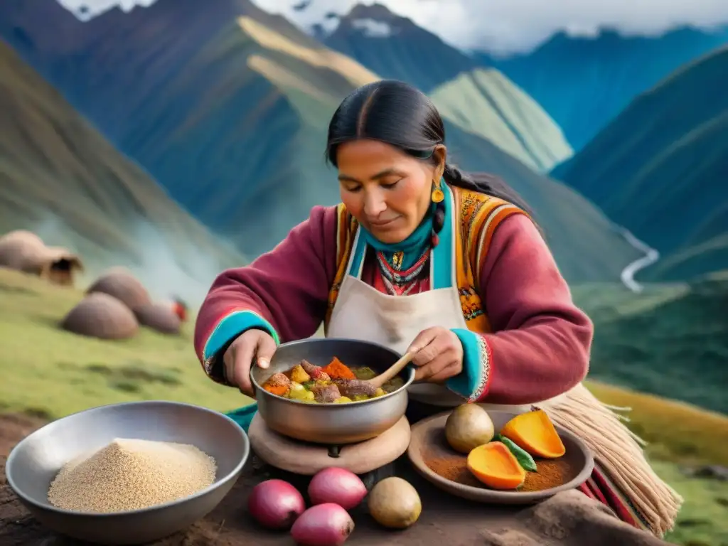 Una mujer peruana preparando un delicioso estofado andino, mostrando la riqueza de la cocina peruana platos sierra