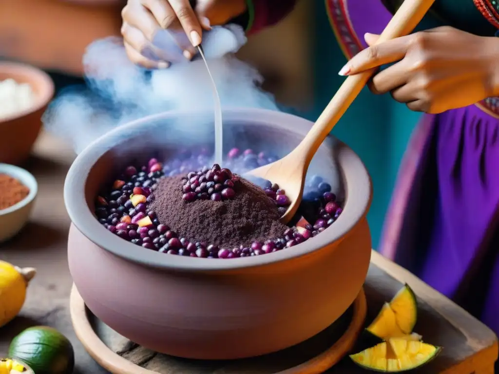 Una mujer peruana prepara con destreza chicha morada en olla de barro, con maíz morado, canela, clavos y piña