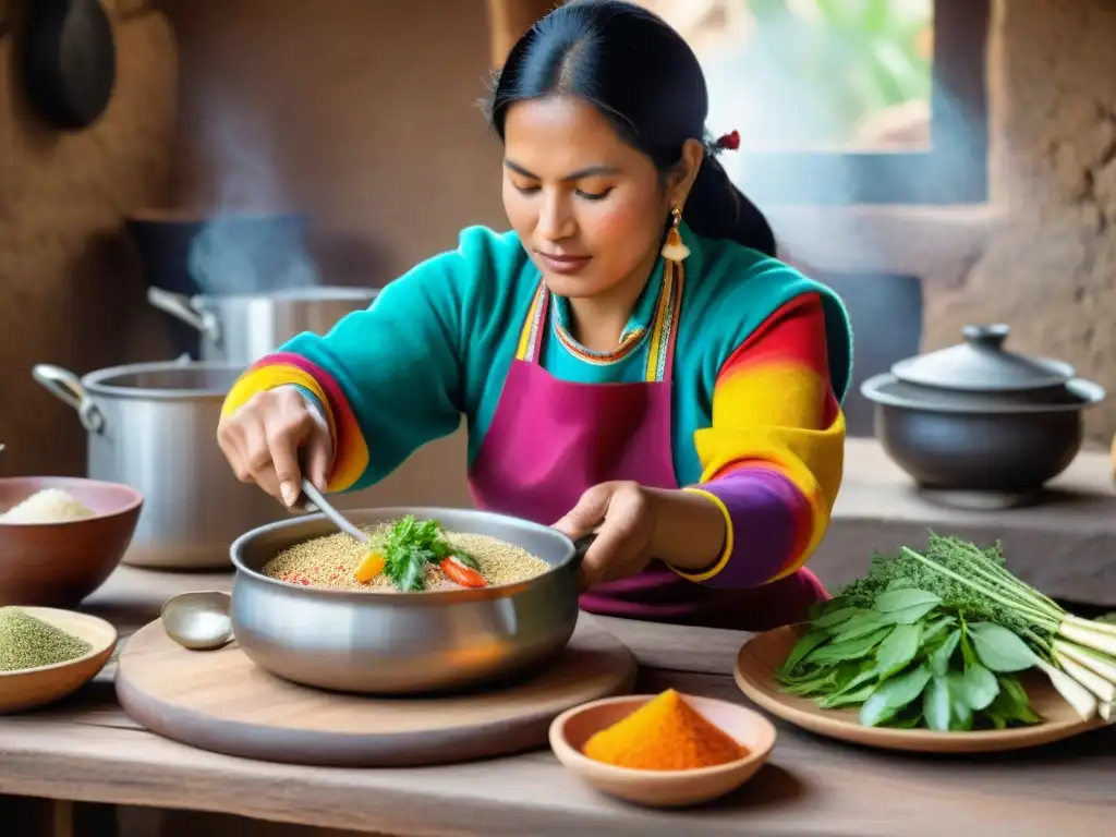 Una mujer peruana prepara con esmero quinua atamalada en cocina rústica