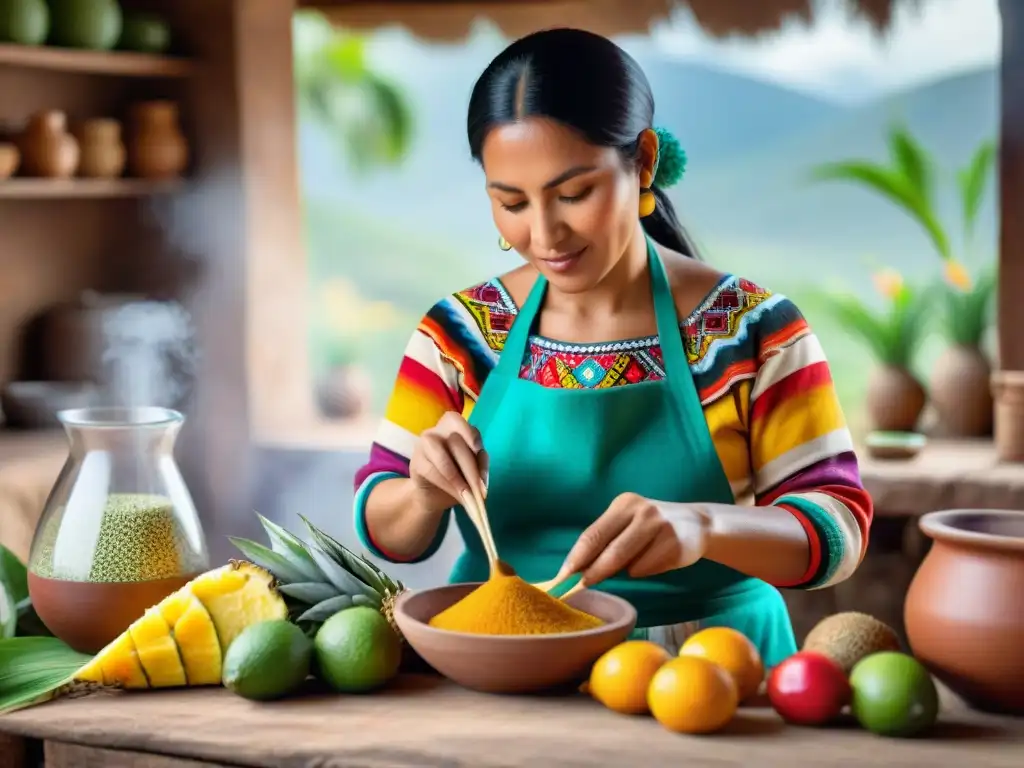 Una mujer peruana prepara con esmero un refresco de kiwicha en una cocina rústica, resaltando los beneficios del superalimento