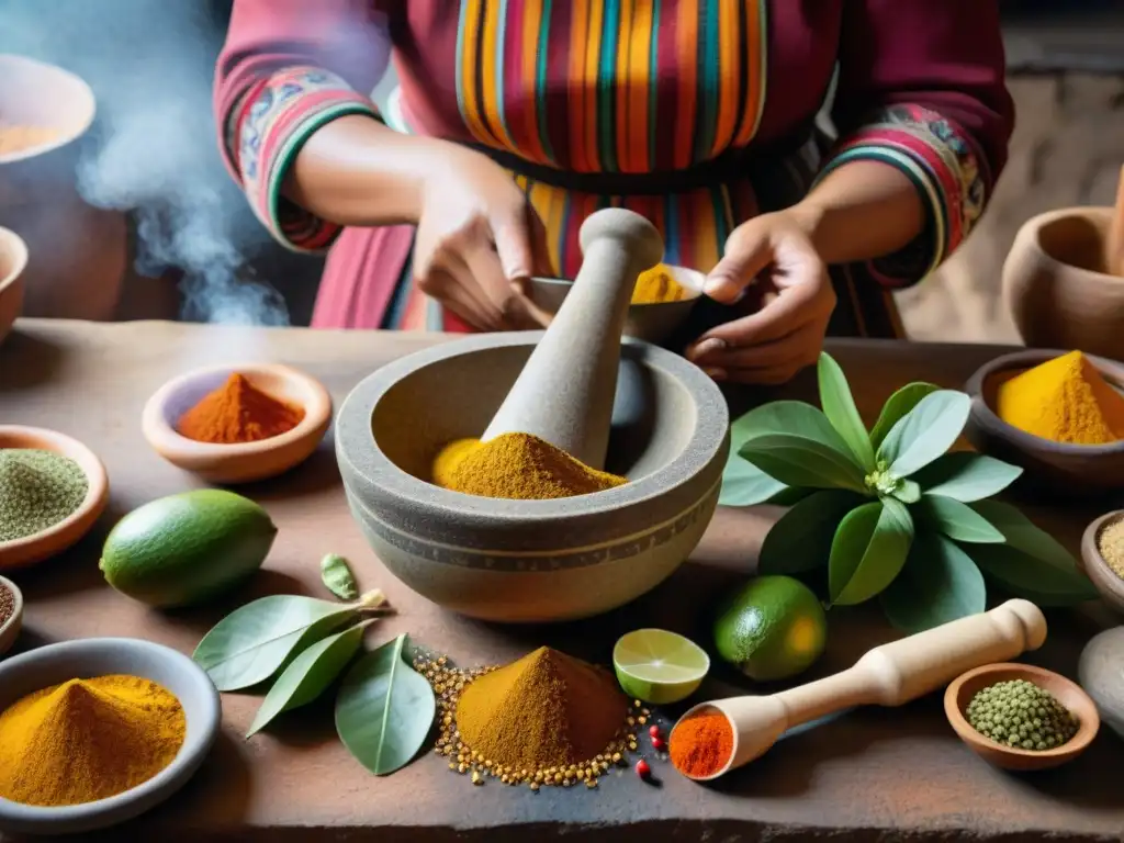 Una mujer peruana muele especias coloridas en una piedra de moler en una cocina rústica