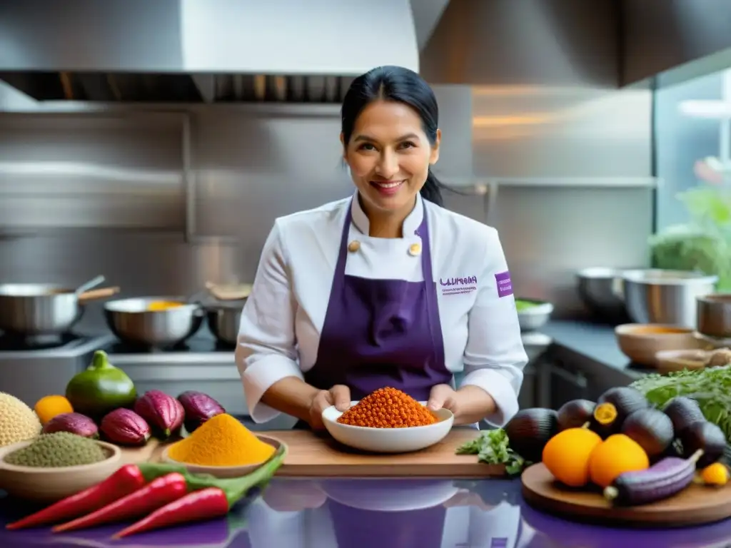 Mujer chef peruana Arlette Eulert innovando en su cocina con ingredientes vibrantes