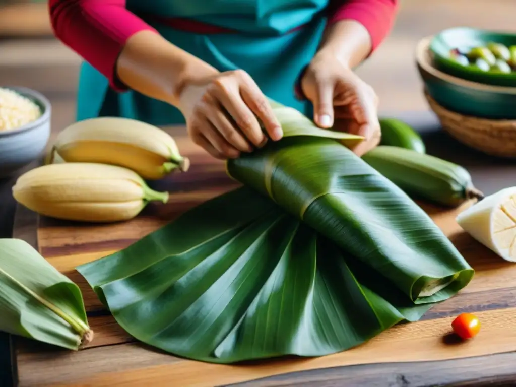 Una mujer peruana experta envolviendo un Tamal Costeño, con ingredientes tradicionales en una mesa rústica y mercado de fondo