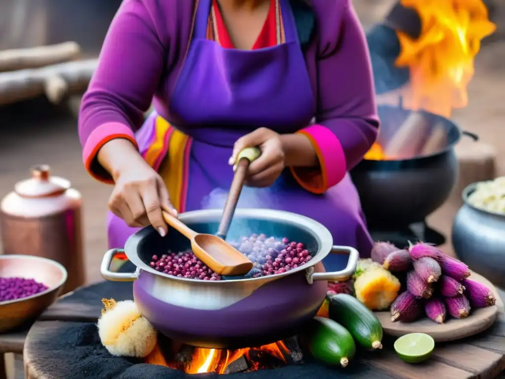 Una mujer peruana en un festival prepara chicha morada con ingredientes tradicionales en fogata