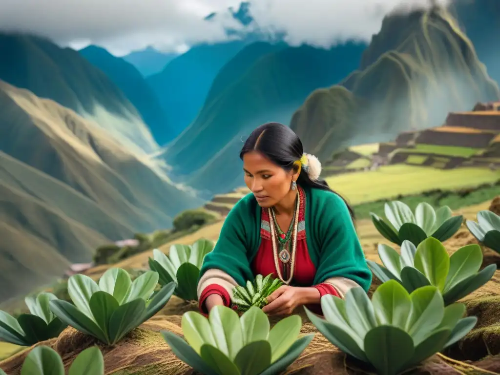 Una mujer peruana recolecta cuidadosamente hojas de muña en los Andes, mostrando la conexión con la tierra