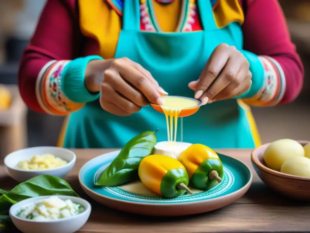 Una mujer peruana prepara con esmero Papa a la Huancaína receta, en una cocina rústica