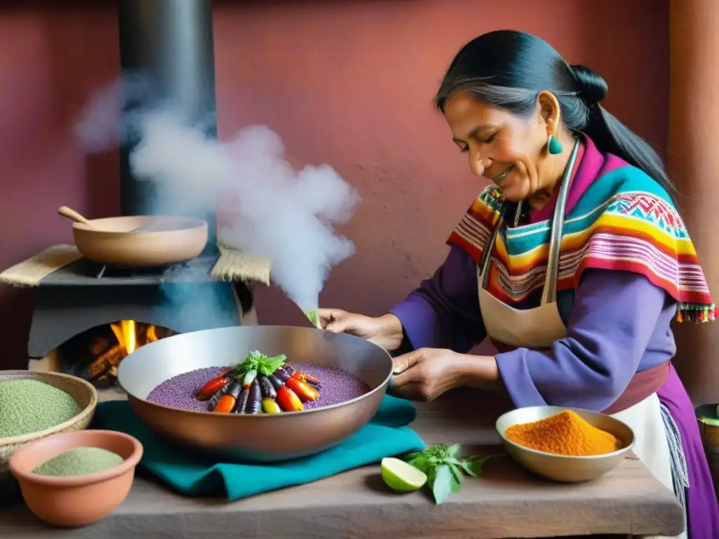 Una mujer peruana prepara ingredientes autóctonos con maestría en una cocina rústica
