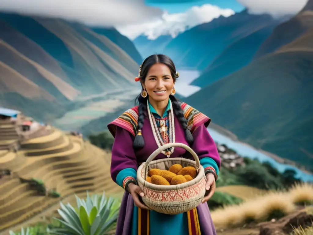 Una mujer peruana en los Andes con ingredientes nativos para bebidas típicas sierra peruana