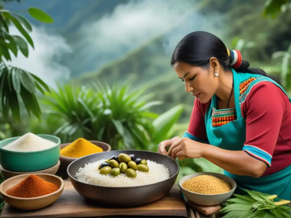 Una mujer peruana preparando Juane, plato típico amazónico, en cocina rústica rodeada de vegetación exuberante