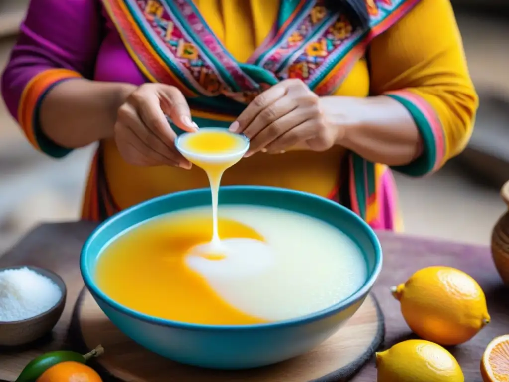 Una mujer peruana preparando leche de tigre versión bebible, mostrando colores y texturas vibrantes en un proceso auténtico y cultural