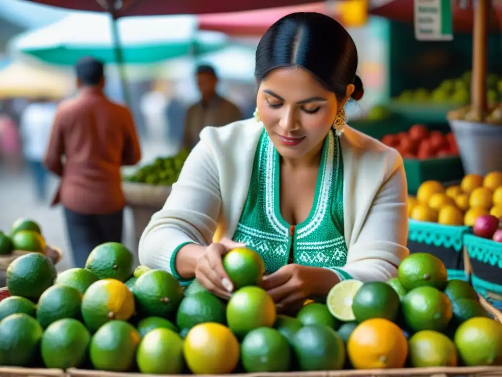 Una mujer peruana selecciona limas en un mercado local