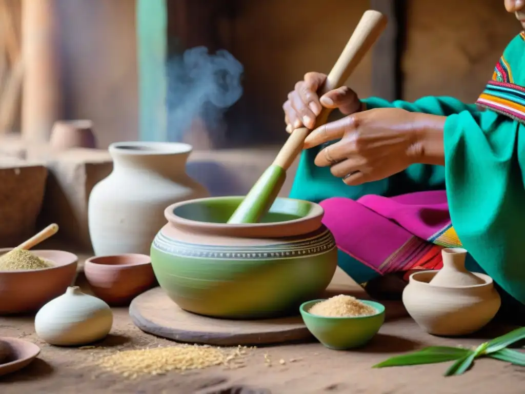Maestra de la yuca: tradición peruana en alta resolución Una mujer peruana preparando Masato con yuca en una cocina tradicional