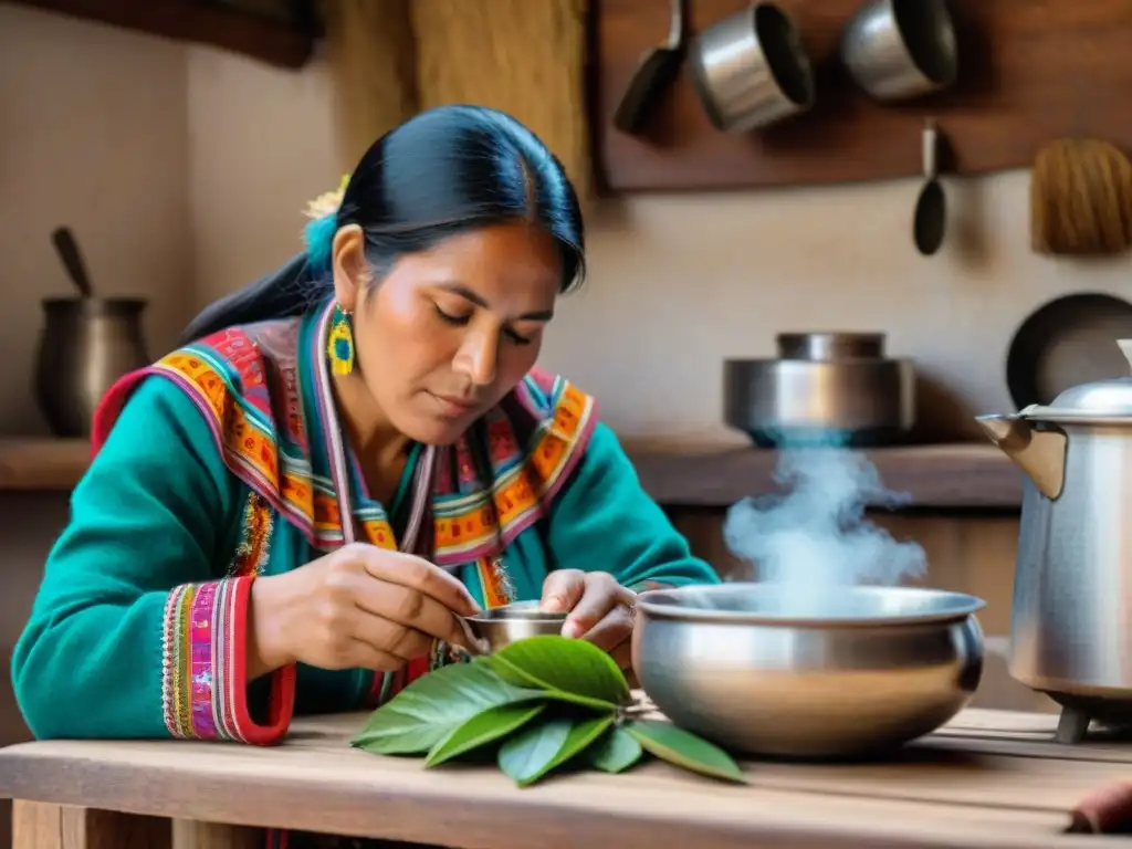 Una mujer peruana preparando mate de coca en cocina andina