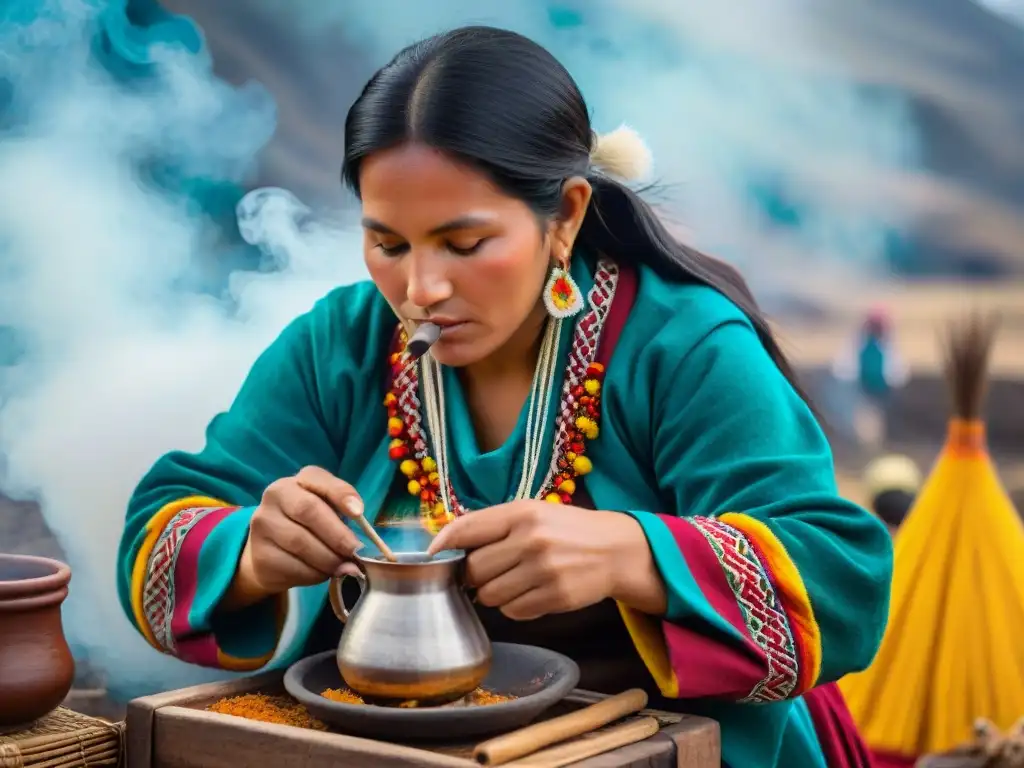 Una mujer peruana preparando mate de coca en la sierra peruana