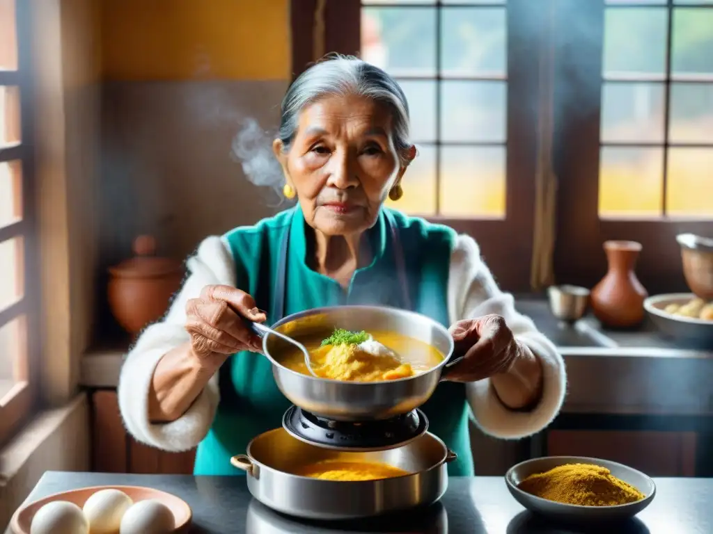 Una mujer peruana mayor remueve con cariño un potente aji de gallina, reflejando sabiduría culinaria