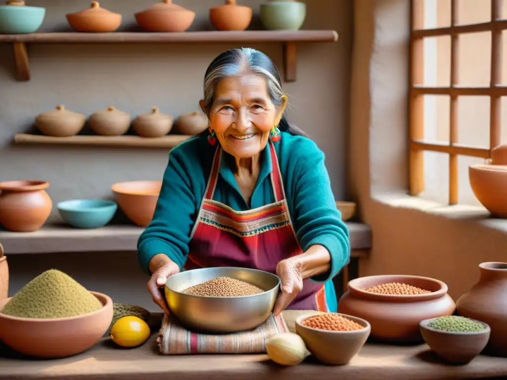 Una mujer peruana mayor, sonriente y arrugada, viste ropa incaica