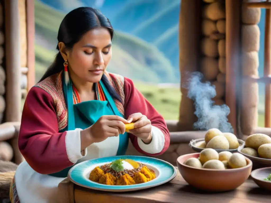 Una mujer peruana preparando papa a la huancaína en los Andes