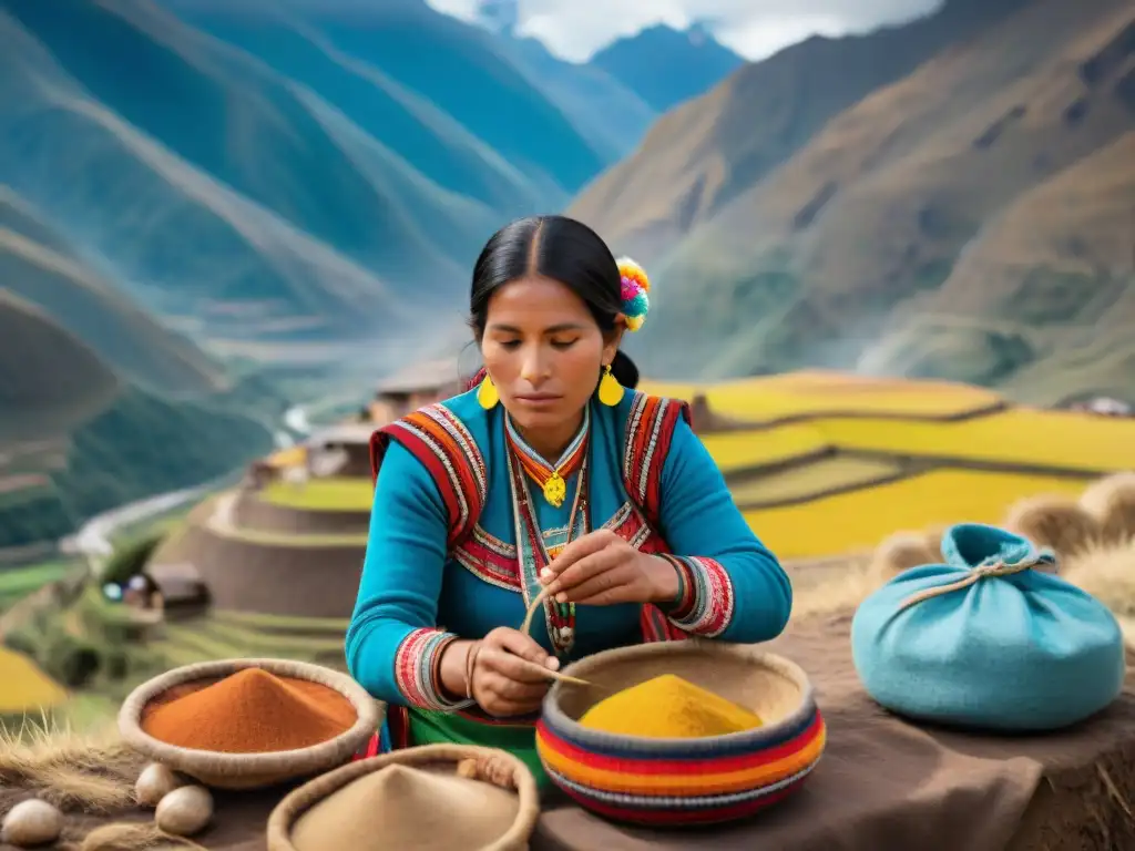 Una mujer peruana preparando Pisco en los Andes, vistiendo atuendo tradicional