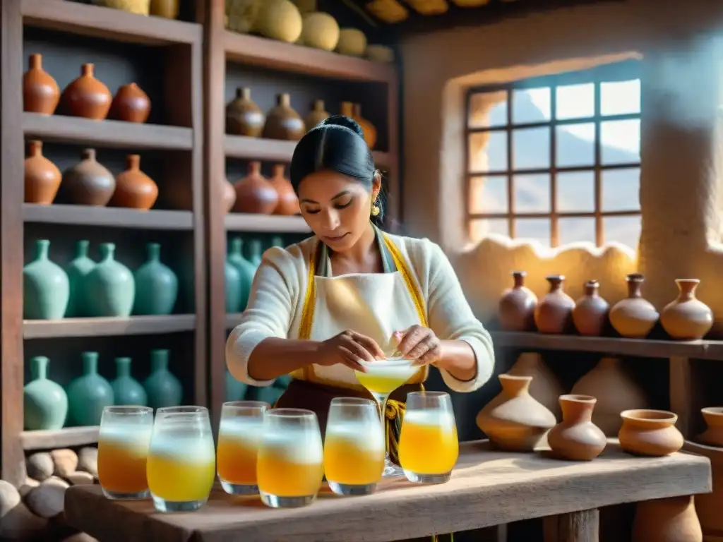 Una mujer peruana preparando un Pisco Sour en una destilería rústica en Ica, Perú