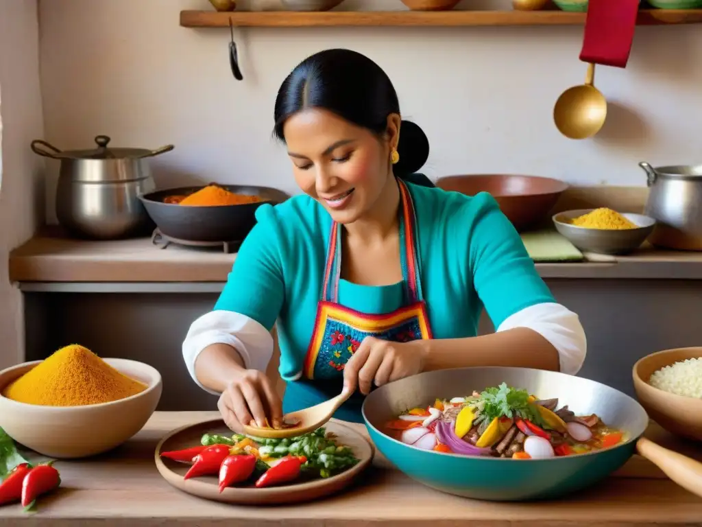 Una mujer peruana prepara platos autóctonos en cocina rústica, evocando la historia culinaria de Peru con ingredientes tradicionales