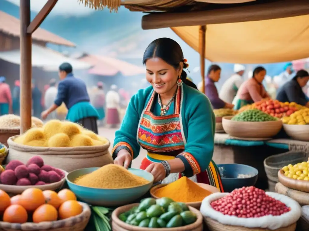 Una mujer peruana preparando platos en mercado de Cusco y Valle