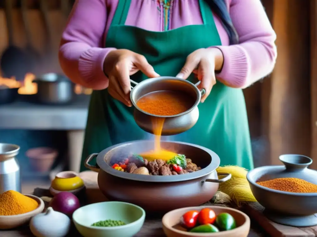 Una mujer peruana preparando platos de la sierra en las alturas, con ingredientes andinos vibrantes