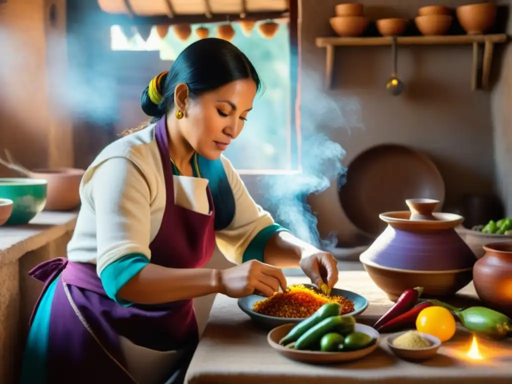 Una mujer peruana preparando platos tradicionales en una cocina rústica llena de ingredientes vibrantes, con luz natural