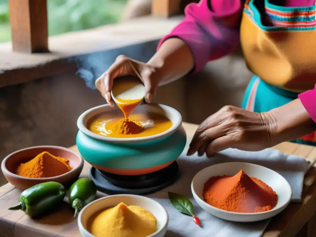 Una mujer peruana preparando una receta auténtica de salsa huancaína en una cocina tradicional andina