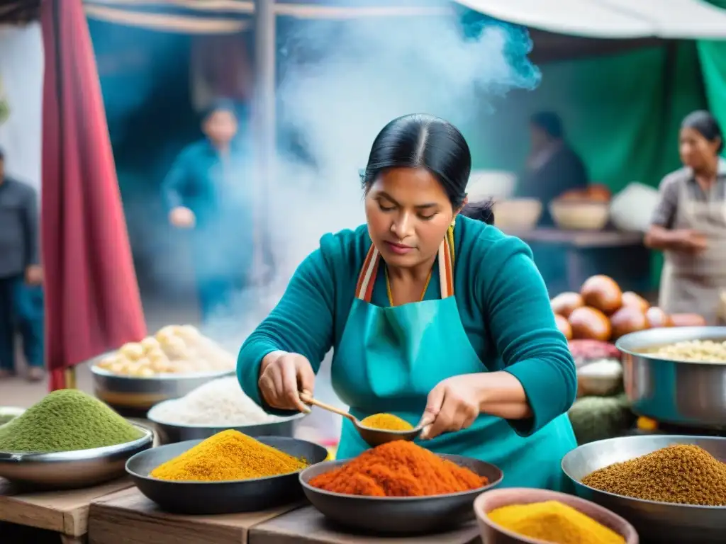 Una mujer peruana preparando una receta auténtica de papa rellena en un mercado vibrante