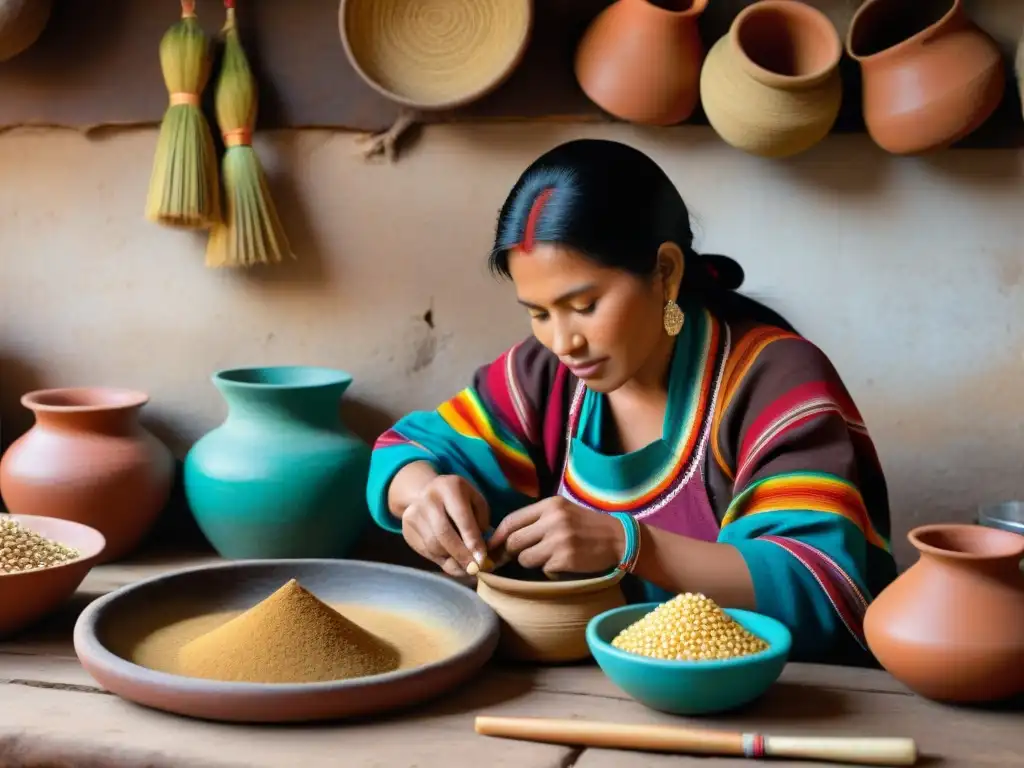 Una mujer peruana preparando la receta chicha de jora peruana en una cocina rústica con utensilios tradicionales