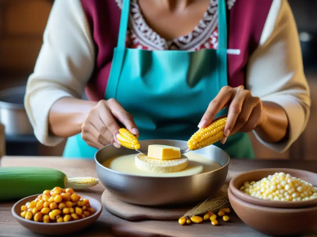 Una mujer peruana preparando la receta choclo con queso en una cocina rústica