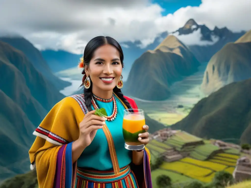 Mujer peruana con refresco de kiwicha, orgullosa de su cultura, frente a los Andes