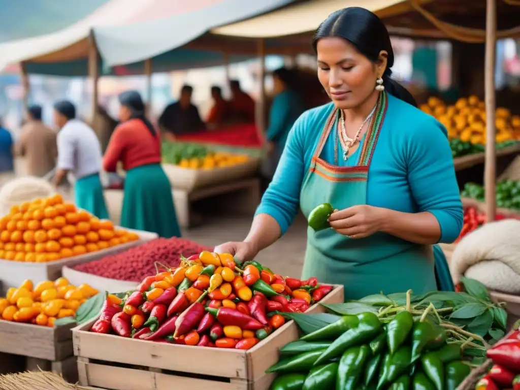 Una mujer peruana selecciona rocotos y huacatay frescos en un mercado vibrante, ideal para recetas de salsas peruanas tradicionales