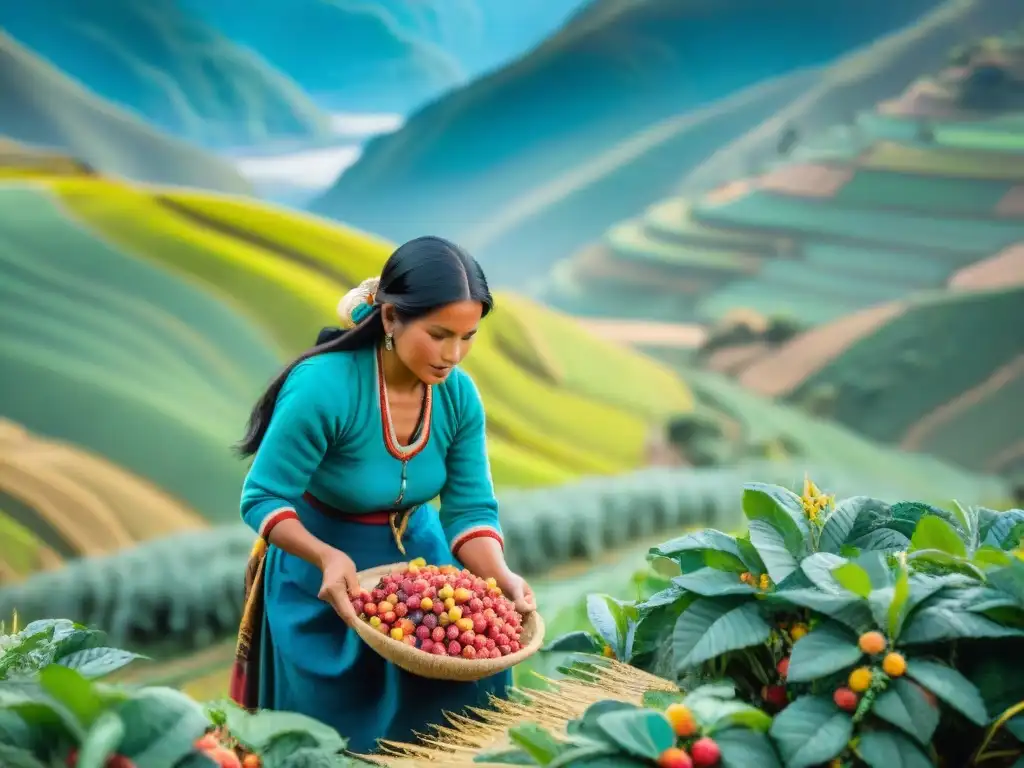 Una mujer peruana cosechando saúco en los valles verdes de Perú, mostrando la belleza de la recolección tradicional