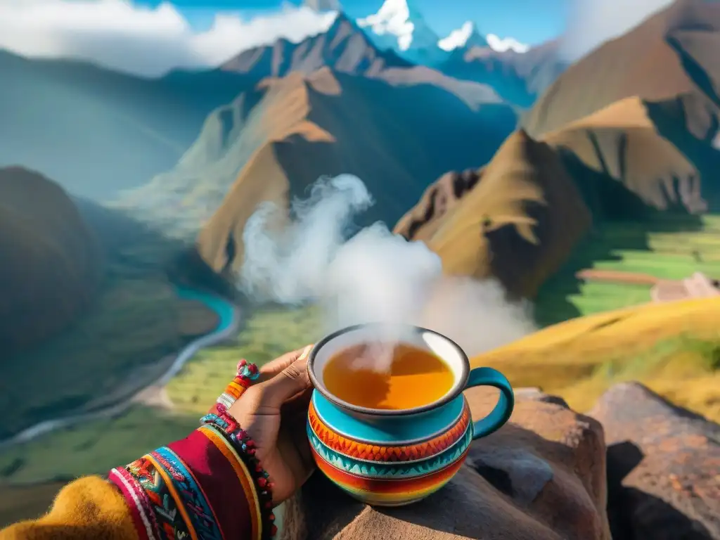 Una mujer peruana en la sierra, vistiendo atuendo colorido, sirviendo té de muña con destreza en taza de cerámica