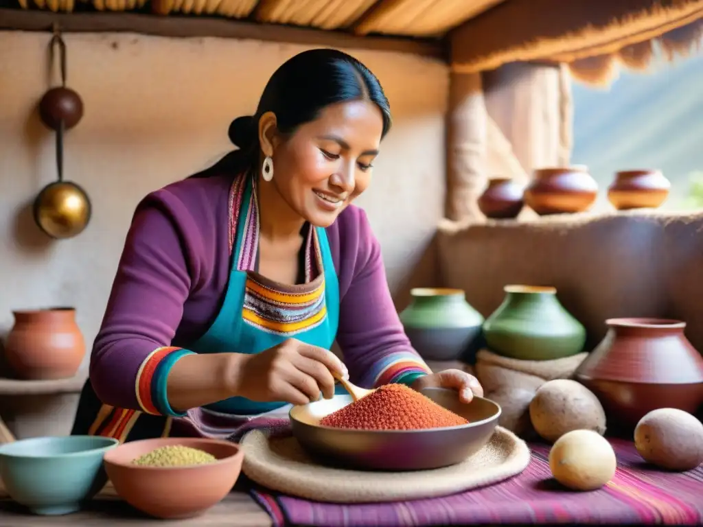 Una mujer peruana en la Sierra prepara plato con ingredientes autóctonos gastronomía peruana, rodeada de colores y tradición andina