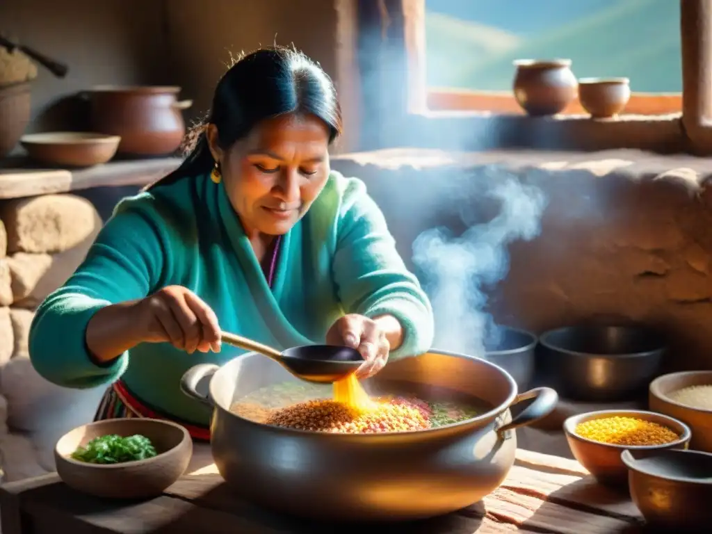 Una mujer peruana prepara sopa de quinua con destreza en cocina rústica de Apurímac, mostrando la tradición gastronómica