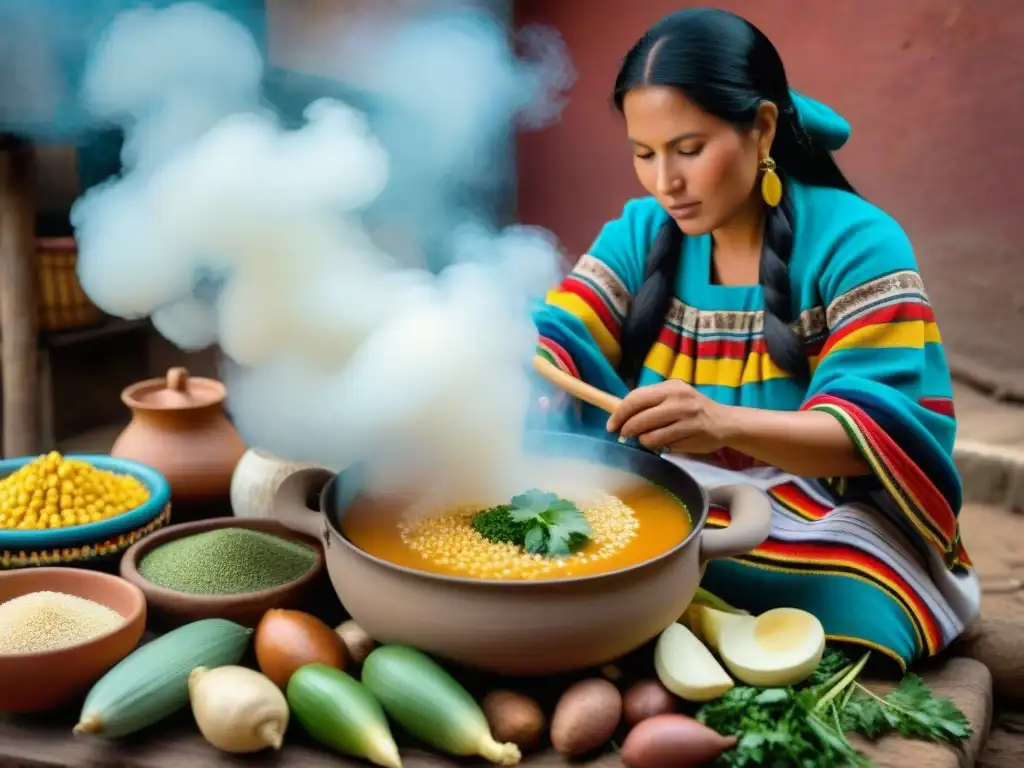 Una mujer peruana preparando sopa de quinoa rodeada de ingredientes andinos en una cocina rústica