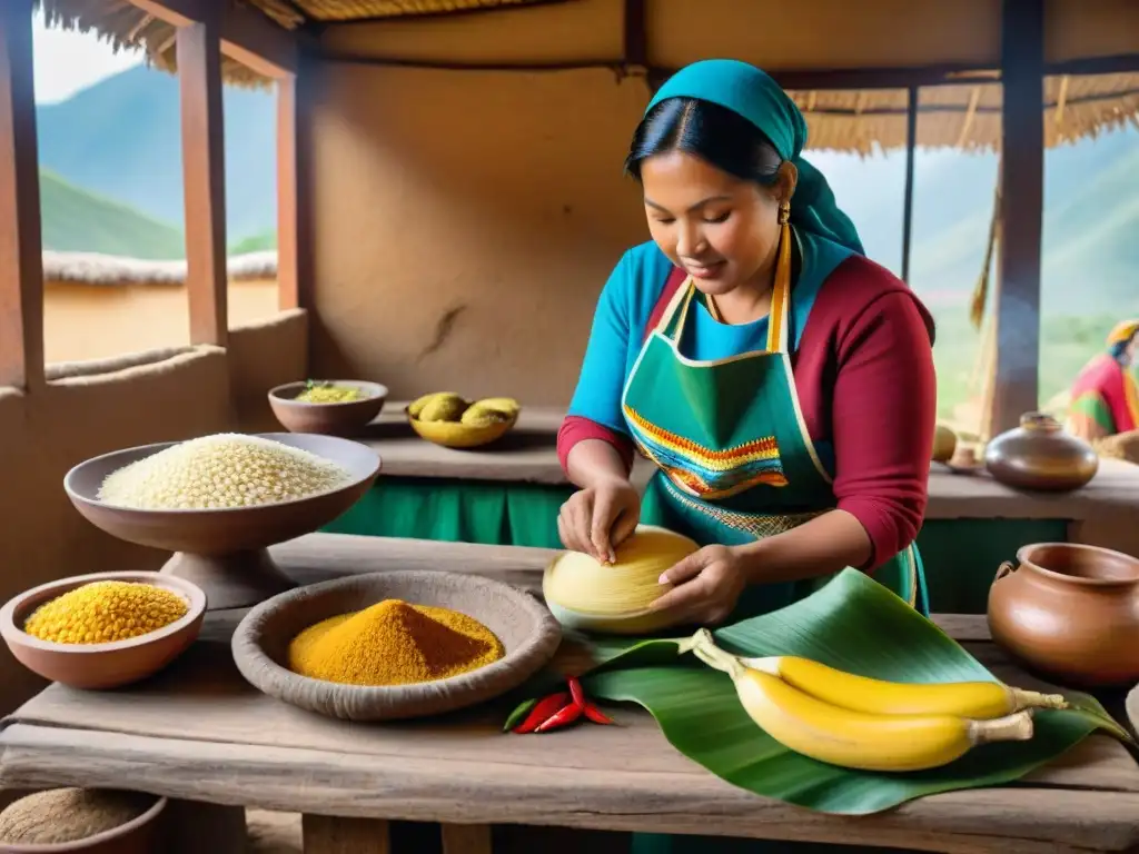 Una mujer peruana envuelve un tamal en hoja de plátano en una cocina tradicional, resaltando la historia del tamal peruano tradicional