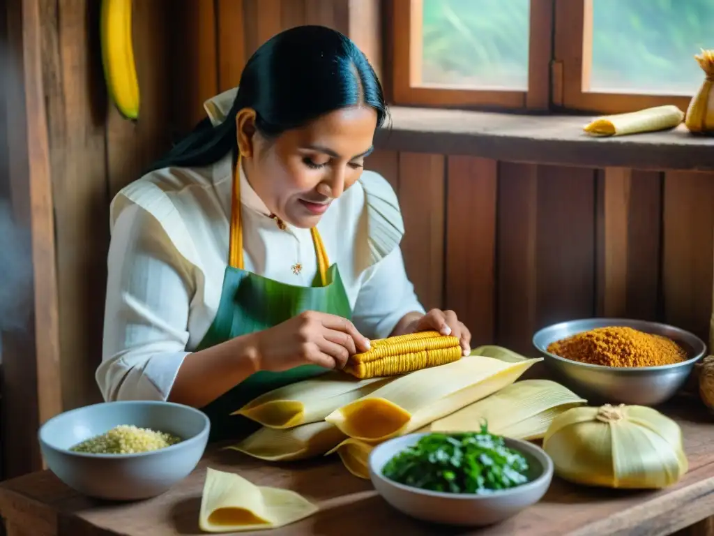 Una mujer peruana preparando tamales en cocina tradicional, con ingredientes nativos