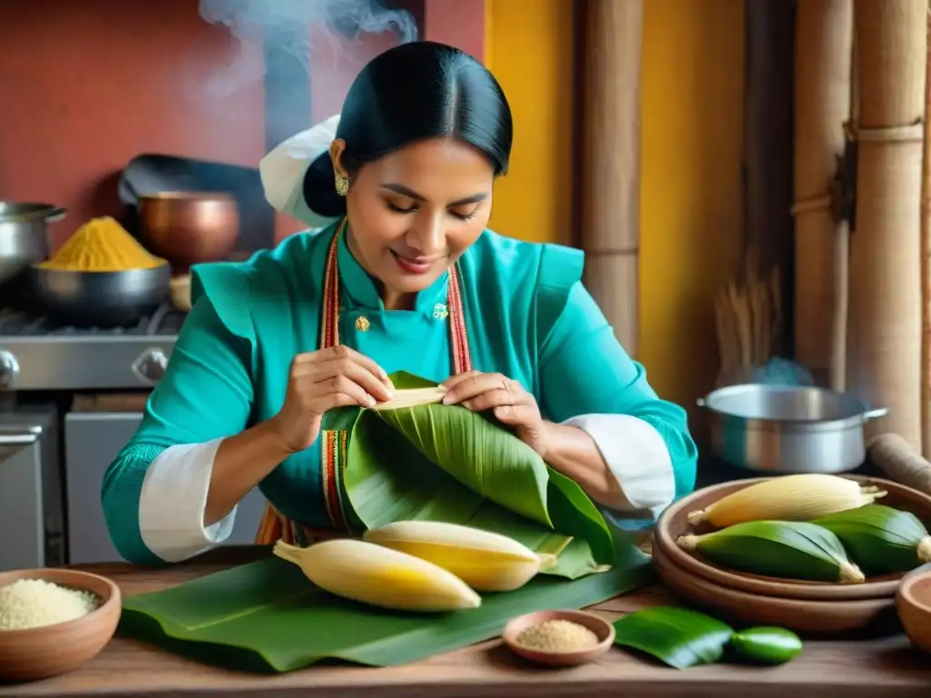 Una mujer peruana prepara tamales en una cocina rústica, destacando la historia de los tamales peruanos