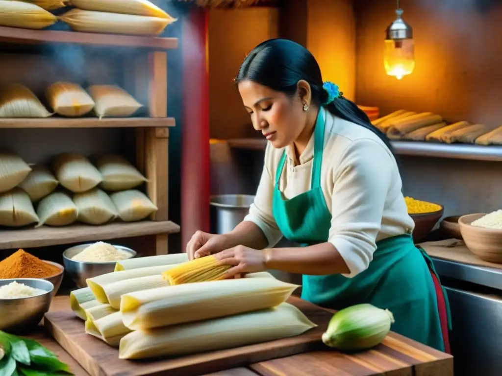 Una mujer peruana preparando tamales en una cocina rústica, destacando la historia del tamal peruano tradicional