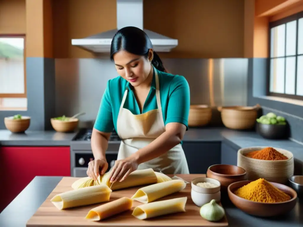 Una mujer peruana prepara tamales en una cocina moderna, fusionando tradición y modernidad