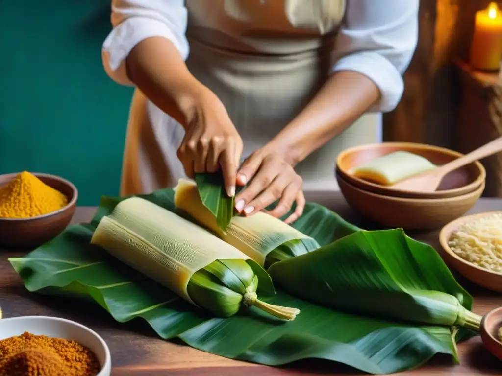 Una mujer peruana ensambla tamales tradicionales con destreza en una cocina rústica, realzando la historia tamal peruano tradicional