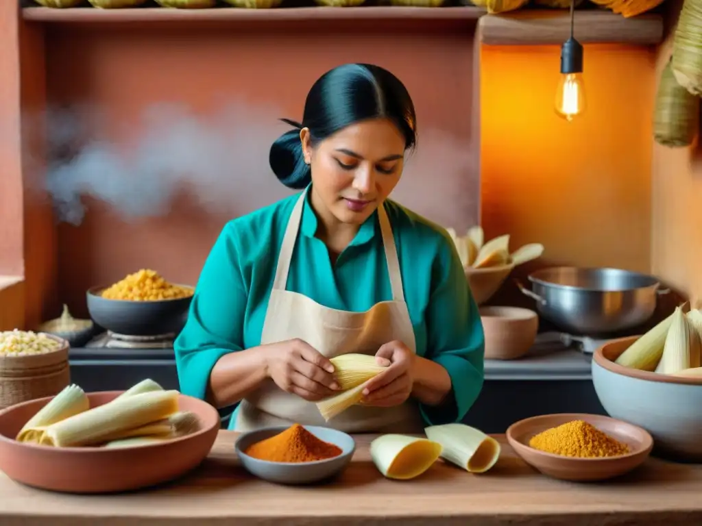 Una mujer peruana prepara tamales tradicionales en una cocina rústica con ingredientes vibrantes y utensilios antiguos